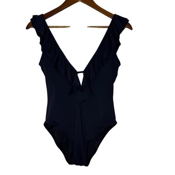 Michael Kors One Piece Swimsuit Size 8 Blue Ruffle Front V Neck Classic Chic - Picture 1 of 4